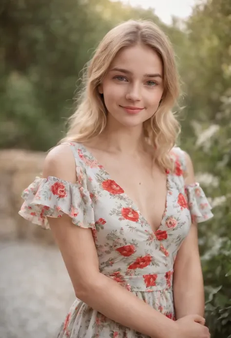 A 16-year-old blonde girl on Independence Day in Spain with a V-neck tie with hem ruffles floral dress smiling at the camera