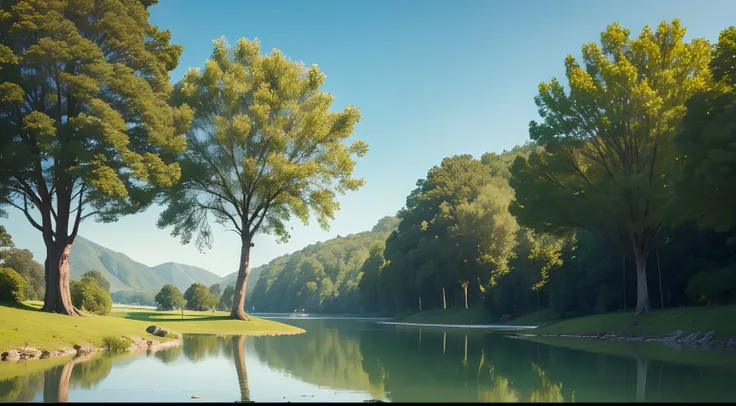 A tranquil lake stretches out before you, Its waters reflect a clear and immaculate blue sky. by the lake, various willows, com suas folhas verdes delicadas, se inclinam gentilmente na brisa suave.

No horizonte, colinas ondulantes cobertas de gramados ver...