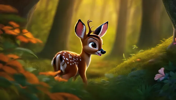 crie uma imagem do personagem "Bambi" deitado e dormindo na floresta, desenho animado antigo, disney