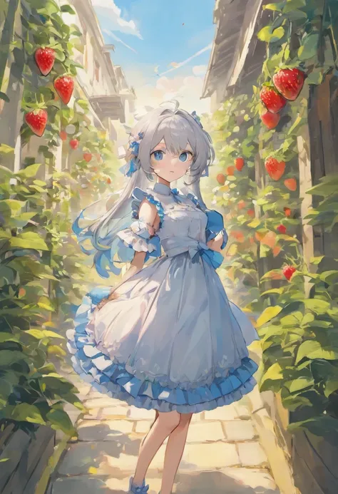 girl standing in the garden,silver hair,glasses,blue eyes,cat ears,dress,eating strawberries,loli,delicate curves,Guweitz-inspired artwork,soft anime illustration,cute girl,detailed digital anime art,(((arm frill excluded))),best quality,4k,8k,highres,mast...