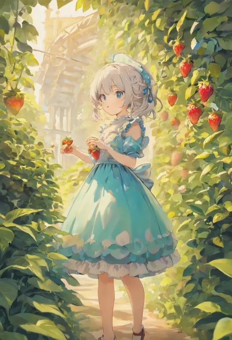 girl standing in the garden,silver hair,glasses,blue eyes,cat ears,dress,eating strawberries,loli,delicate curves,Guweitz-inspired artwork,soft anime illustration,cute girl,detailed digital anime art,(((arm frill excluded))),best quality,4k,8k,highres,mast...