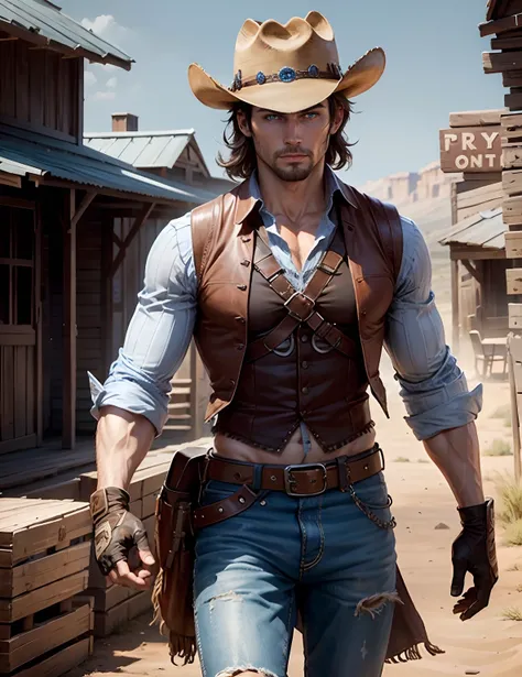 1guy, solo, cowboy, blue eyes, brown hair, short hair, muscular, western, gloves, wild west, cowboy hat, rancher, detailed face, best quality, high quality, highly detailed