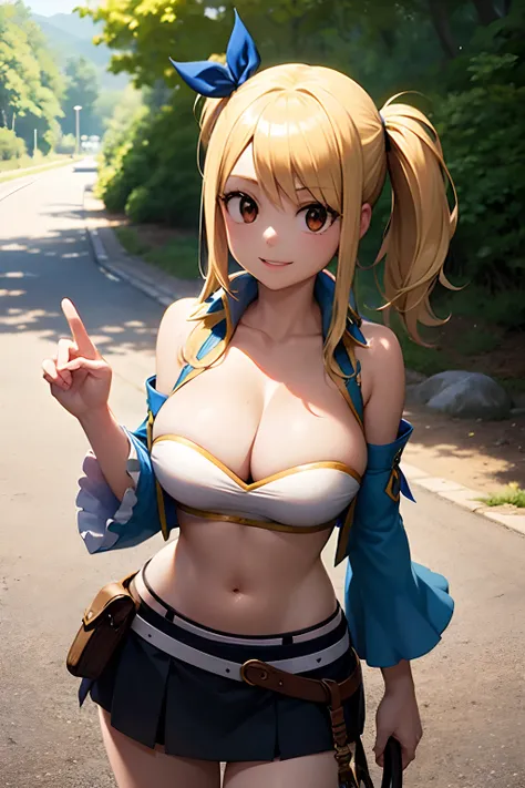 Master masterpiece, top-quality, High Definition, lucy heartfilia、a blond、Twin-tailed、Colossal tits、Black Knee High、Removable sleeves、hason、cropped vest、Strapless、a belt、a black skirt, Smiling face, shiny oily skin with high contrast,Solo、plein air、is stan...