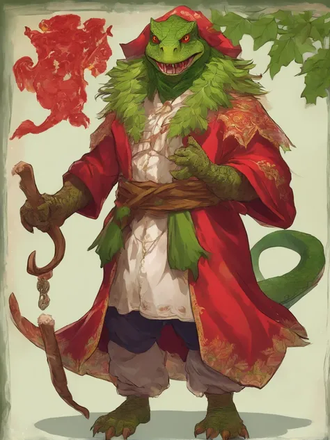 Lizardfolk, Wearing Festival Robe, bright red with white fluff and green mistletoe, masterpiece, best quality