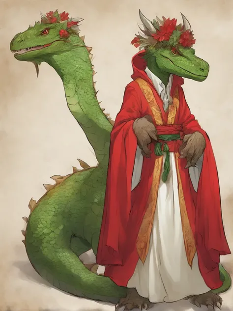 Lizardfolk, Wearing Festival Robe, bright red with white fluff and green mistletoe, masterpiece, best quality