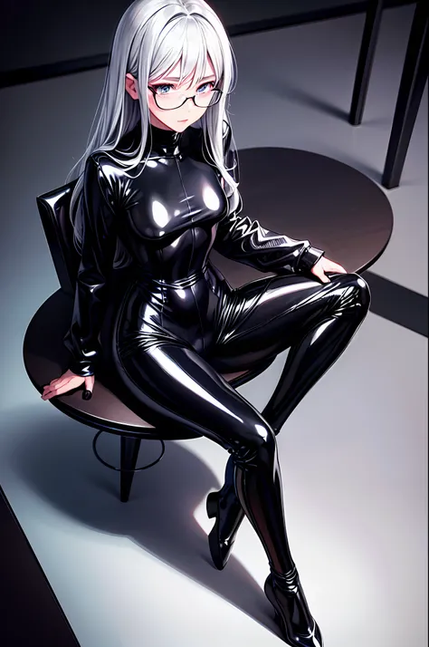 5 8K Ultra HD、Beauty with a small nose，Silver hair in black shiny black full body rider suit wearing glasses sitting crotch spread、Wear a shiny black latex slipper set，Hide skin、Shiny black latex slippers set、The beauty with the small nose sat expressionle...