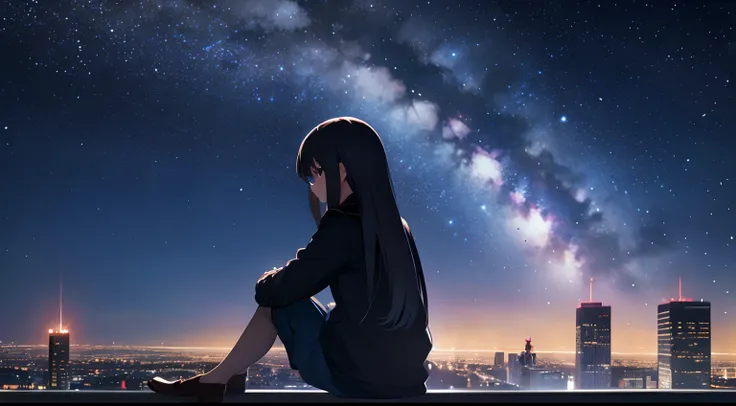 octans, sky, star (sky), scenery, starry sky, night, 1girl, night sky, solo, outdoors, building, cloud, milky way, sitting, tree, long hair, city, silhouette, cityscape