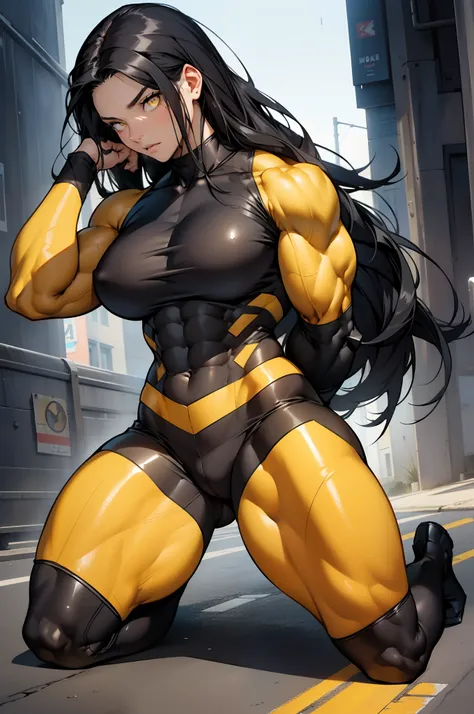 (((((1 girl))))), black hair, yellow eyes, very long hair, ((((((muscular)))))), tall, pale skin, bodysuit (solo), curvy, wide hips, thick thighs, (kneeling down), arms over head