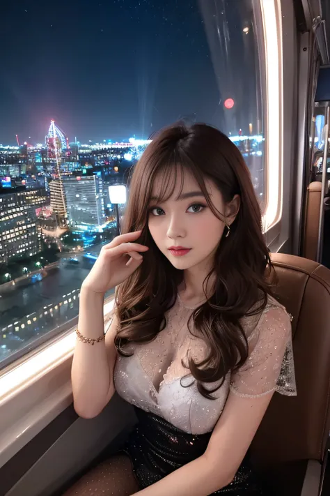 1womanl、Early 20s、(Strong-willed super beauty)、(ultra beautiful faces)、(natta)、Wearing makeup、Wavy brown hair、Sitting in the seat of the Ferris wheel、Night view of the city from the window、Shallow depth of field