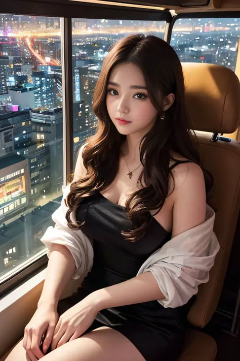 1womanl、Early 20s、(Strong-willed super beauty)、(ultra beautiful faces)、(natta)、Wearing makeup、Wavy brown hair、Sitting in the seat of the Ferris wheel、Night view of the city from the window、Shallow depth of field