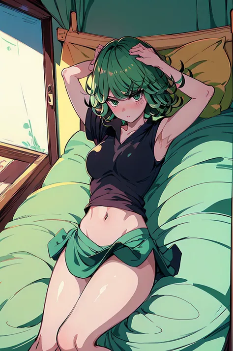 masterpiece, best quality, 1girl, solo, breasts, looking_a t_viewer, blush, medium_breasts, full_body, lying, on _back, armpits, arms_up, covered_navel, bed _sheet,, bedroom background, long t-shirt, green hair, (tatsumaki: 1.7)