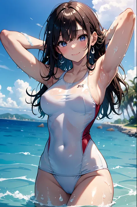 masterpiece,Ultra-realistic 8K CG,Top image quality,top-quality,1 girl,beautiful girl,solo,upper body,beautiful skin textures,Beauty,(A smile),cute little,bangss,The color of the one-piece swimsuit is white,(((school swim wear))),((see through)),pointy bre...