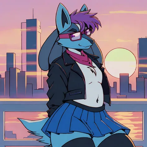 Mute pastel colors， Smooth photos， Retro soul, 1990s animation, 1980s animation, Retro soul， Retro anime style， Masterpiece, Best Quality, Lucario, furry, solo female, Lucario Pokémon, skirt, thigh high socks, crop top black jacket, Retro Lucario fanart, 1...