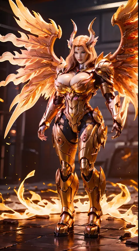 FIRE PHOENIX, (DRAGON HEAD), HUGE BOOBS, FIRE MECHA ARMOR FULL SUIT, (CLEAVAGE), (A PAIR LARGEST PHOENIX WINGS), TRANSPARANT, TALL LEGS, STANDING, SEXY BODY, MUSCLE ABS.