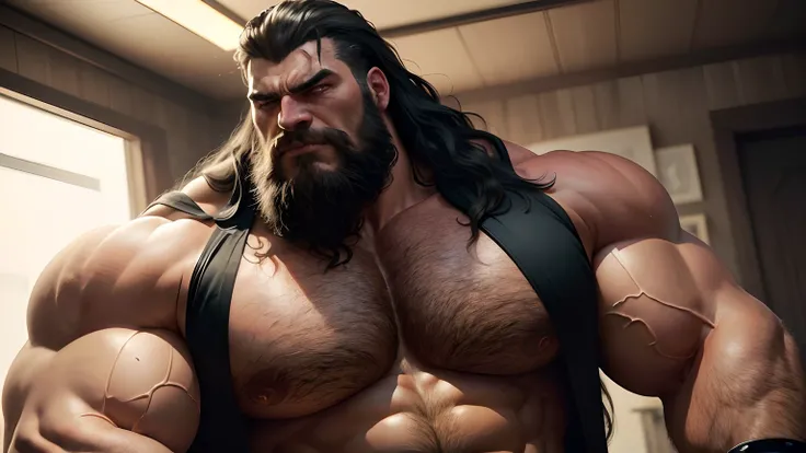 (best quality,4k,8k,highres,masterpiece:1.2),ultra-detailed,(realistic,photorealistic,photo-realistic:1.37),large huge muscular man, growing to much, muscular giant with enormous chest growing, long black hair and short beard, wearing a torn shirt, flexing...