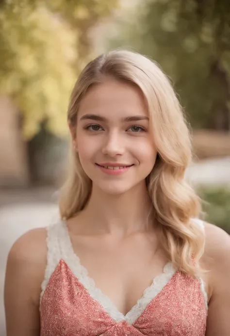 A 16-year-old blonde girl on Independence Day in Spain with a V-neck tie with hem dress smiling for the camera