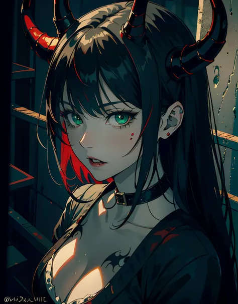 ((masterpiece, best quality)), (1girl, anime girl in dark prison),(mature, devil horn), (solo), (female focus), (black hair, straight hair),green eyes, ((vampire)), pale skin, evil, vicious, portraits, close up, upper body, vibrant colors, soft lighting