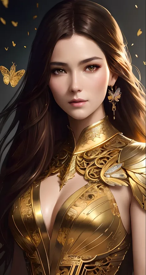 8k portrait of beautiful cyborg with brown hair, intricate, elegant, highly detailed, majestic, digital photography, art by artgerm and ruan jia and greg rutkowski surreal painting gold butterfly filigree, broken glass, (masterpiece, sidelighting, finely d...