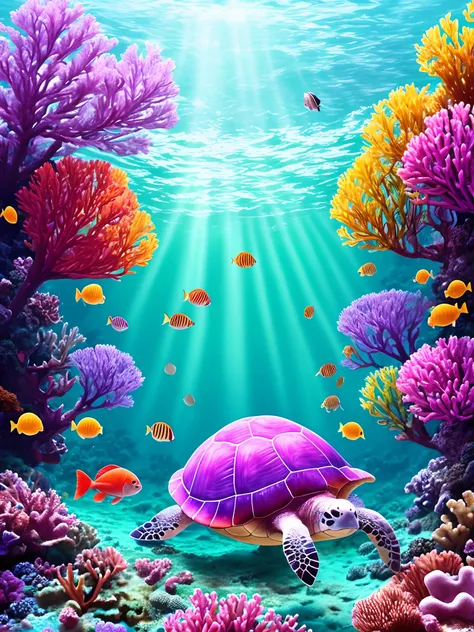 Turtle scene underwater vibrant colors with neon pops