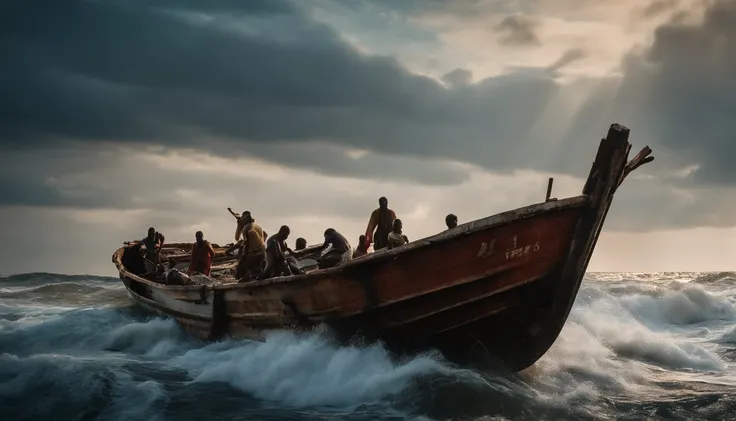 "( (8k:1.27), top quality, masterpiece, ultra high resolution:1.2) of a dramatic scene: a old wrecked boat braving the very rough open sea, carrying afro (terrified) people (men, women, childrens) on board, captured from a (dramatic) view."