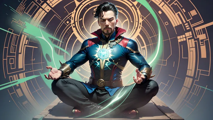 2d vector art of Dr Strange meditating, Green aura around him --auto --s2