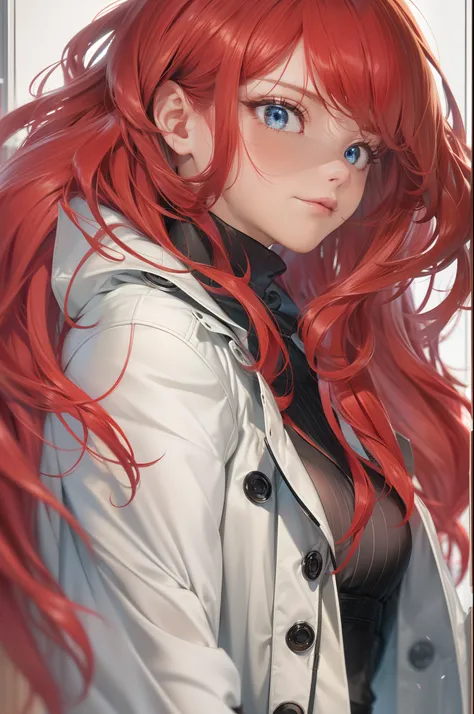 (Detailed Lights, Detailed Shadows), 1Woman, Red Hair, White Coat, ((Detailed Eyes)), Close-up, Portrait, (Black Eyes), Extremely Detailed Clothes, ((Modern Clothes)), Beautiful Hair, Muscular, Hair Down, Extremely Detailed Background, Beautiful Background