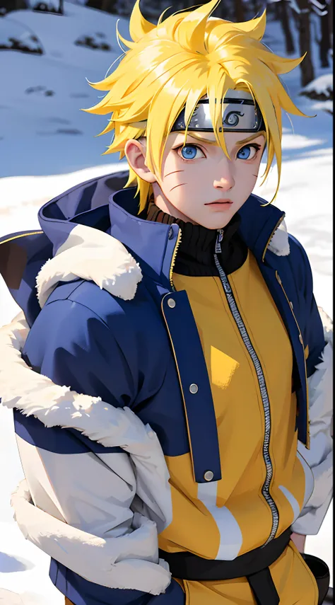 Masterpiece, Superb Style, winter chothes, Outdoor, Upper Body, Uzumaki Naruto, blue eyes, short yellow hair,a boy