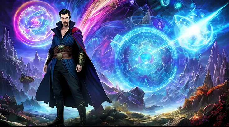 "Scene from a multiverse inspired by Dr. Strange in the Multiverse of Madness: (fantastic landscapes, magical creatures, psychedelic colors, and mind-bending illusions), (mystic and dark atmosphere, surreal dreamy scenery, enchanting but dangerous), long s...