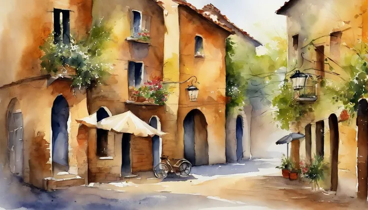 touch Watercolor, old Town, high quality, morning, high quality