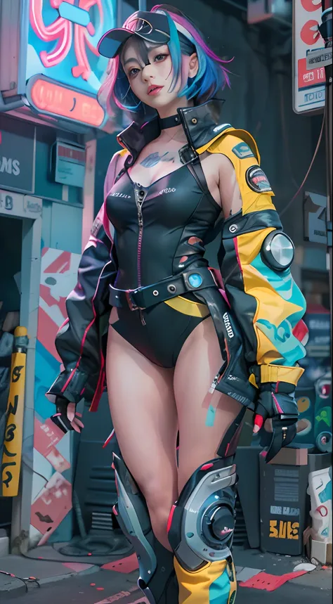 Obra maestra, La mejor calidad, Self-confident cyberpunk girl, Toma de cuerpo completo, ((De pie frente a una moto)), Conjunto pop inspirado en Harajuku, Colores y patrones llamativos, Accesorios llamativos, Peinado moderno e innovador, Maquillaje vibrante...