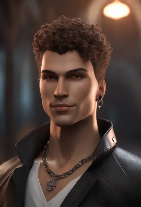 very light brown man, 25 years old, 1.80 tall, thin but defined. Curly hair with a gradient on the sides and a bun, brown eyes, with a happy expression. very detailed, real, wearing black cyberpunk style pants and a black jacket with red details and silver...