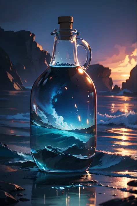 Bottle the sea, evening background, atmospheric lighting, 4k UHD, dark atmosphere, ultra-detailed, vivid colors, epic composition, octane rendering, clear focus, high resolution isometric, fantastic art