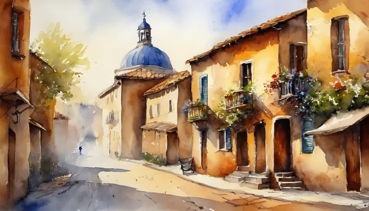 Watercolor, old Town, high quality, morning, high quality, sketch, beautiful sky, morning