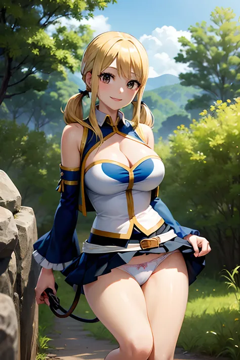 Master masterpiece, top-quality, High Definition, lucy heartfilia、a blond、(Twin-tailed:1.3)、Colossal tits、(Black Knee High:1.3)、Removable sleeves、hason、cropped vest、Strapless、a belt、a black skirt, Smiling face, shiny oily skin with high contrast,Solo、plein...