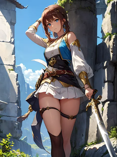 ((masterpiece, best quality)),a girl holding a sword, in the style of dark azure and light azure, mixes realistic and fantastical elements, vibrant manga, uhd image, glassy translucence, vibrant illustrations。