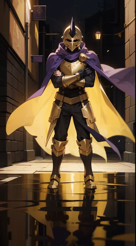 1man,black horn,solo,muscle, golden templar armor,golden helmet, no visible face,masterpiece,best quality,standing in a dark alley of a city at night,crossed arms,full body,purple cape