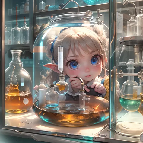 A round-eyed  adorable , Holding a round-bottom flask in the chemistry lab, There is a test tube rack on the front, The glass case has medicines, Sunlight outside the window,