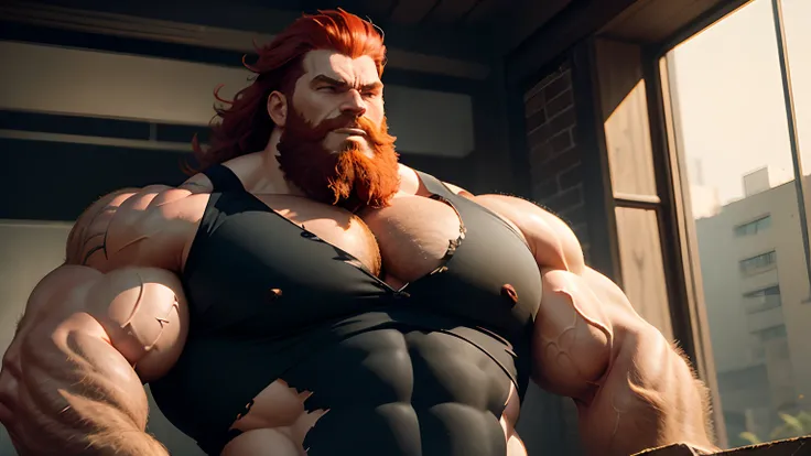 Giant growing huge muscular man large, enormous chest, red hair and beard, torn t-shirt, imposing, with an evil gaze,laughing,dark and gritty style. looking to a small tiny men.