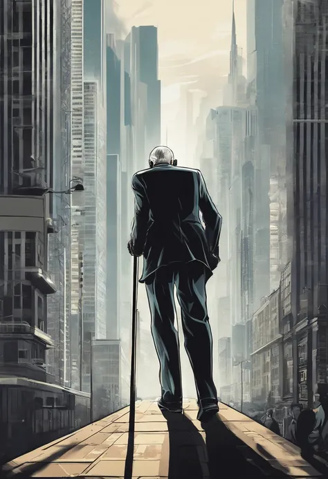 An old man stands under a tall building on crutches，It is surrounded by modern high-rise buildings