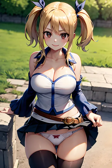 Master masterpiece, top-quality, High Definition, lucy heartfilia、a blond、(Twin-tailed:1.3)、Colossal tits、(Black Knee High:1.3)、Removable sleeves、hason、cropped vest、Strapless、a belt、a black skirt, Smiling face, shiny oily skin with high contrast,Solo、plein...