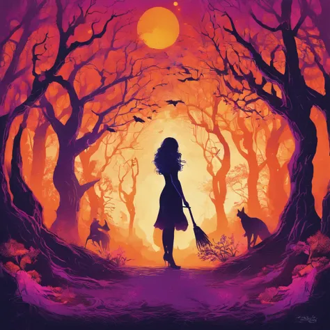 "(best quality, highres, ultra-detailed), The goddess casting mystical glowing spells in a haunted forest, orange and purple hues, portraits, vivid colors, extreme detail description, sharp focus, physically-based rendering, studio lighting, horror, witch,...