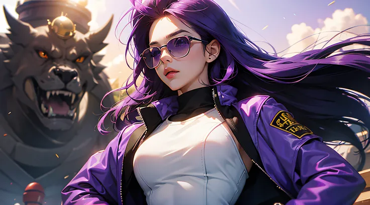 cute,grown,medium hair size,warrior,sun glasses,spiky hair,a woman with purple hair and a purple jacket, cool twilight, dark cool,inspired by Unichi Hiratsuka,inspired by Unichi Hiratsuka,marin kitagawa fanart, seductive woman, beautiful alluring anime wom...