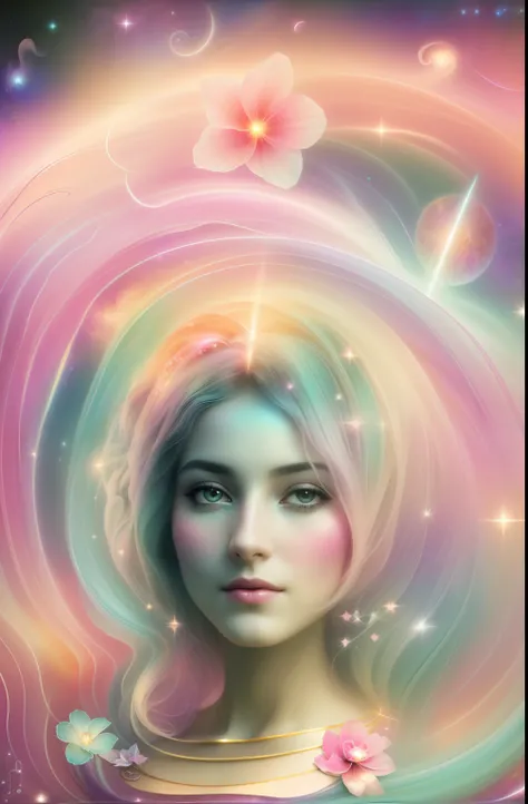 whimsical cosmos elegant galaxies stars nebula maximalism with a wave of hair flowing and floating in misty soft colors, silhouette of a goddess, photogenic expression, photogenic pose, intricate, aqua, soft apricot, smoke fractal, moody and big scale real...