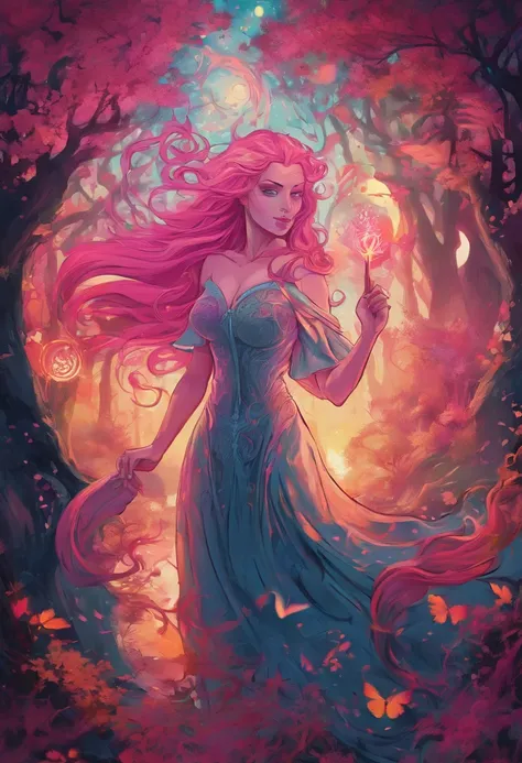 (a pink-haired demon woman,spells:1.1,glowing:1.1)(illustration)(best quality,ultra-detailed,realistic:1.37),demonic witch(demonic:1.1)(magic:1.1)(forest)(dark and mysterious,ominous atmosphere),casting powerful spells,creating magical energy(magic:1.1),vi...