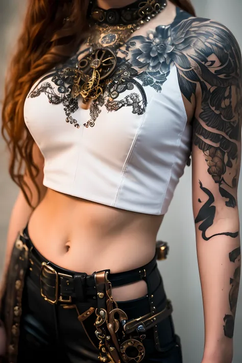 an steampunk girl at a party, (white crop top:1.2), small breast, black and blue leather, tattoo, hyper detailed, ultra sharp, long auburn hair in braids, 8k, (insanely detailed:1.5), full body photograph, 20 megapixel, canon eos r3, detailed skin, pale sk...