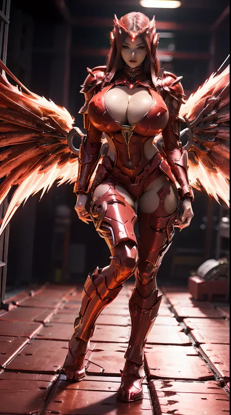 HUGE BOOBS, RED MECHA ARMOR FULL SUIT, (CLEAVAGE), (A PAIR LARGEST AURA WINGS), TRANSPARANT, TALL LEGS, STANDING, SEXY BODY, MUSCLE ABS.