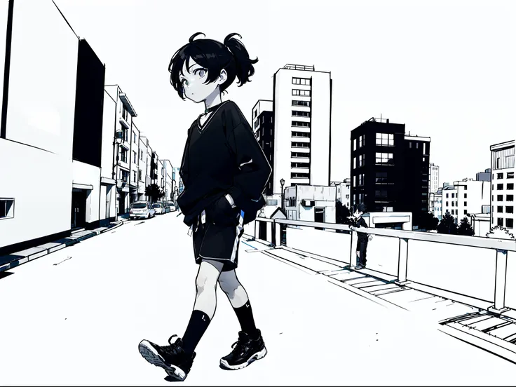 In a cityscape, there is a 9-year-old boy with black skin. He is wearing a black shirt and white shorts, and his short black hair is tied into a small ponytail. He is walking while looking to the side against a white background