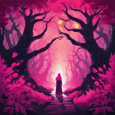 (a pink-haired demon woman,spells:1.1,glowing:1.1)(illustration)(best quality,ultra-detailed,realistic:1.37),demonic witch(demonic:1.1)(magic:1.1)(forest)(dark and mysterious,ominous atmosphere),casting powerful spells,creating magical energy(magic:1.1),vi...