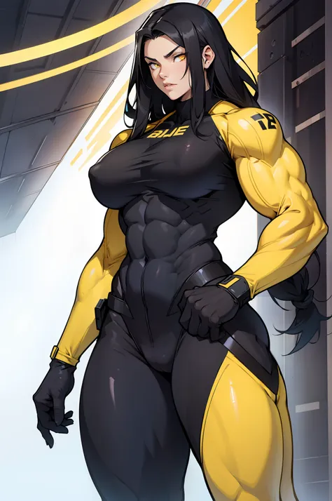 (((((1 girl))))), black hair, yellow eyes, very long hair, ((((((muscular)))))), tall, pale skin, bodysuit, (solo), curvy, wide hips, thick thighs, huge breasts