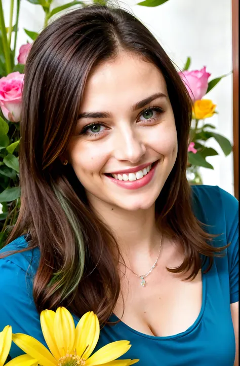 smiling woman in a blue and green halt top with flowers in the background, beautiful and smiling, lovely smile, leaked photo, pretty smile, 25 yo, with a beautifull smile, charming smile, cute seductive smile